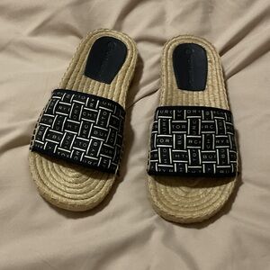 Tory Burch Black and Tan Logo Slide Sandals